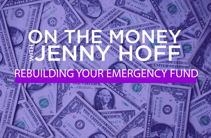 "Rebuilding Your Emergency Fund" against purple backdrop with money