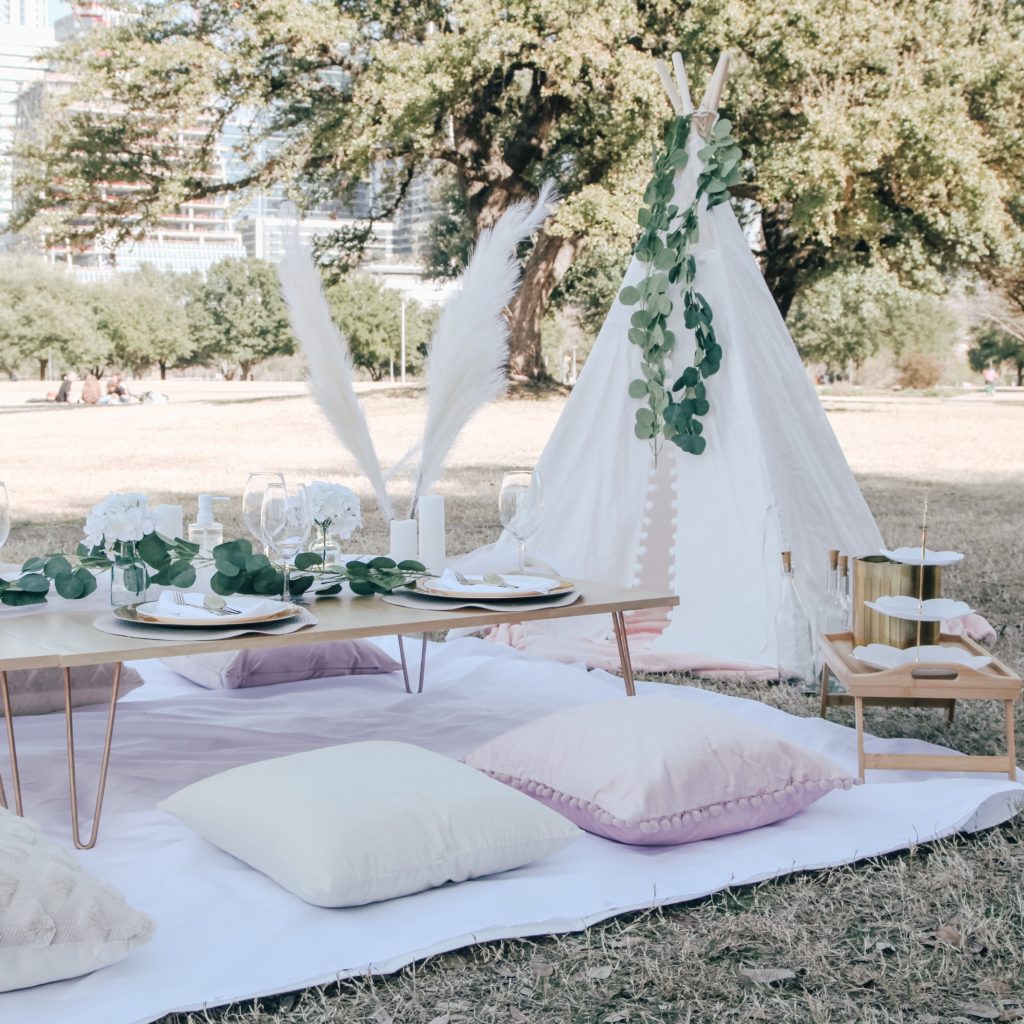 Prestige Picnic set up with table, pillows, and cloth tent.