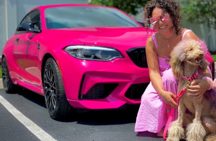 April and Birdie with Pink BMW