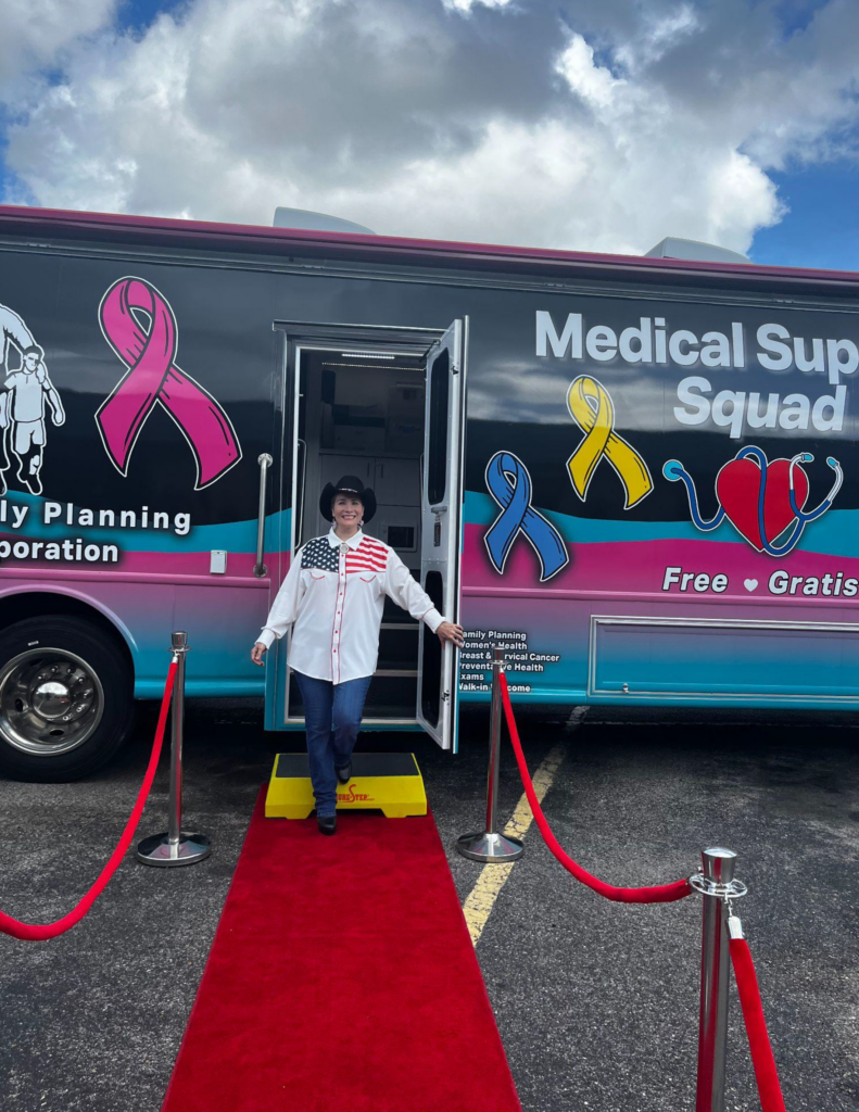 Martha Zuniga of South Texas Family Planning and Health Corporation with their new mobile clinic.