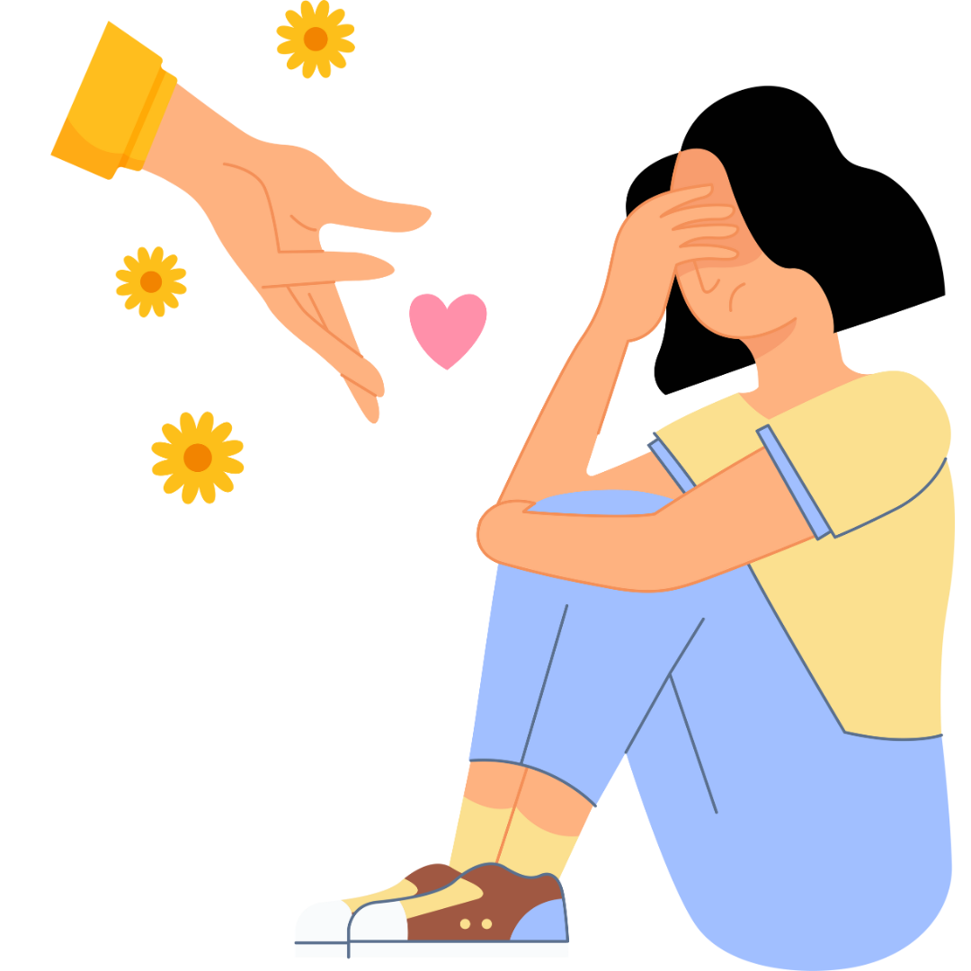 Cartoon of woman looking distressed with a loving hand reaching out to help