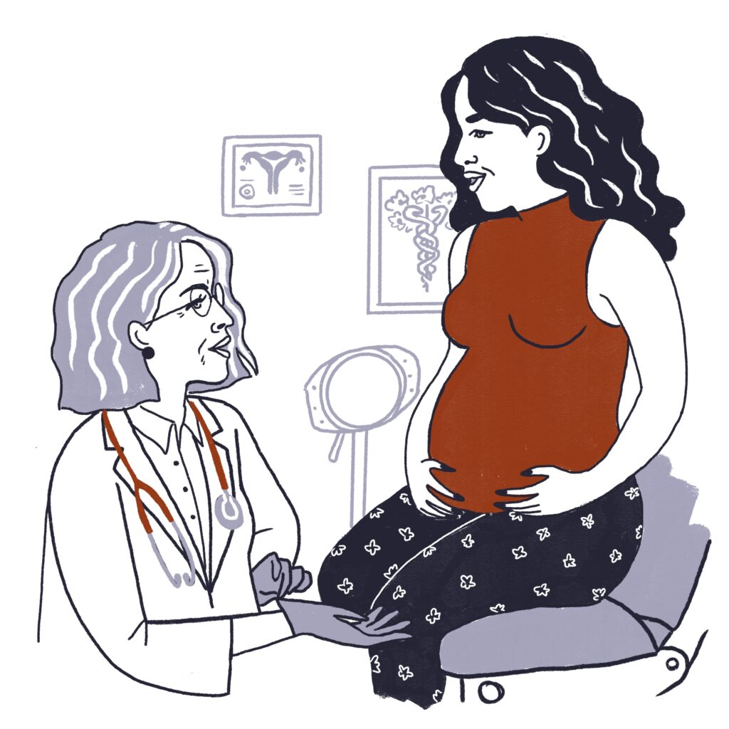 Illustration of a female gynecologist with a pregnant woman at doctor's office 