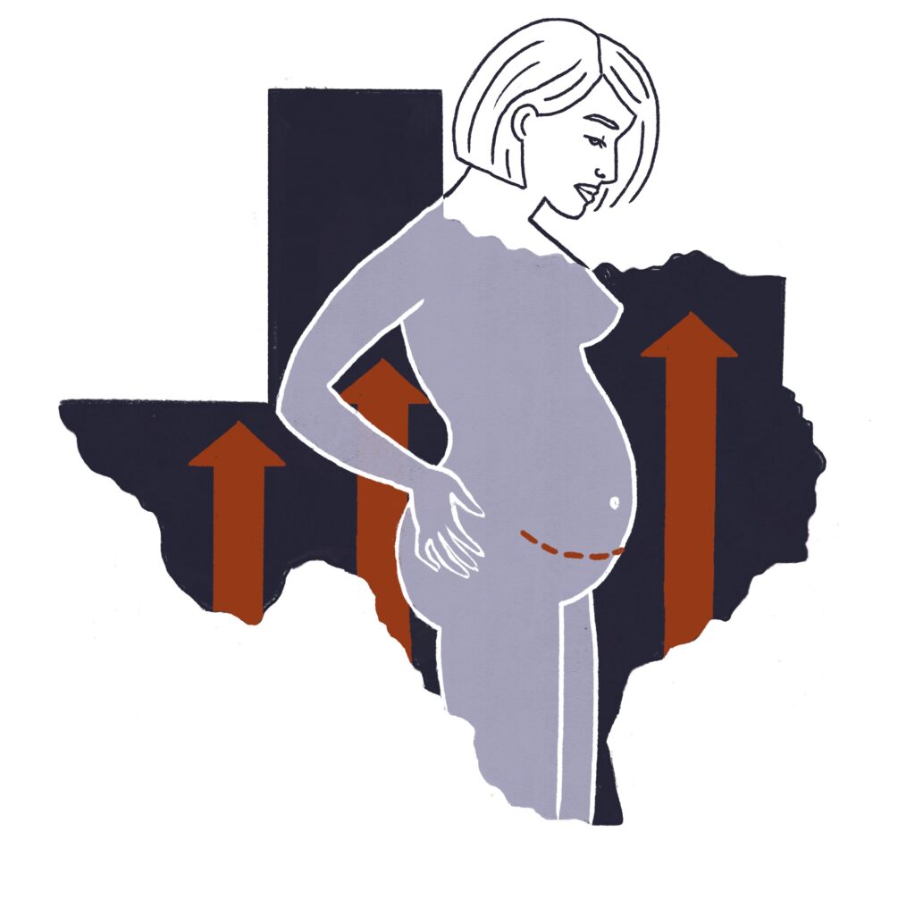 Illustration of pregnant woman with cesarean section scar in front of the state of Texas with rising arrows representing rising rates of c-section in Texas.