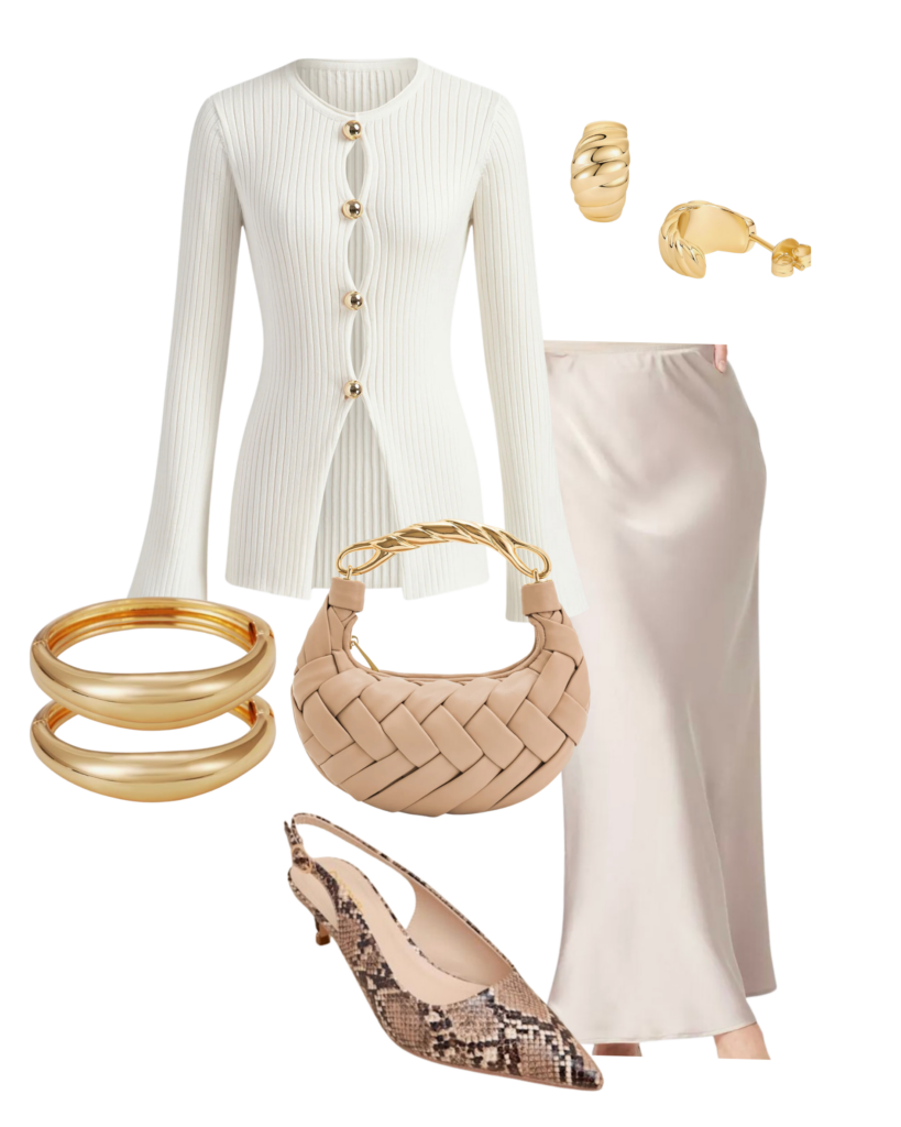 Cut out images of clothing pieces to create two example outfits, the outfir on the left a cream/white toned monochromatic look and on the right a maroon/burgundy monochromatic look. Both outfits have a buttoned cardigan/sweater, gold hoops earrings, silk textured maxi skirts, snake-skin patterned pointed-toe heels, and a woven textured purse with a gold strap.