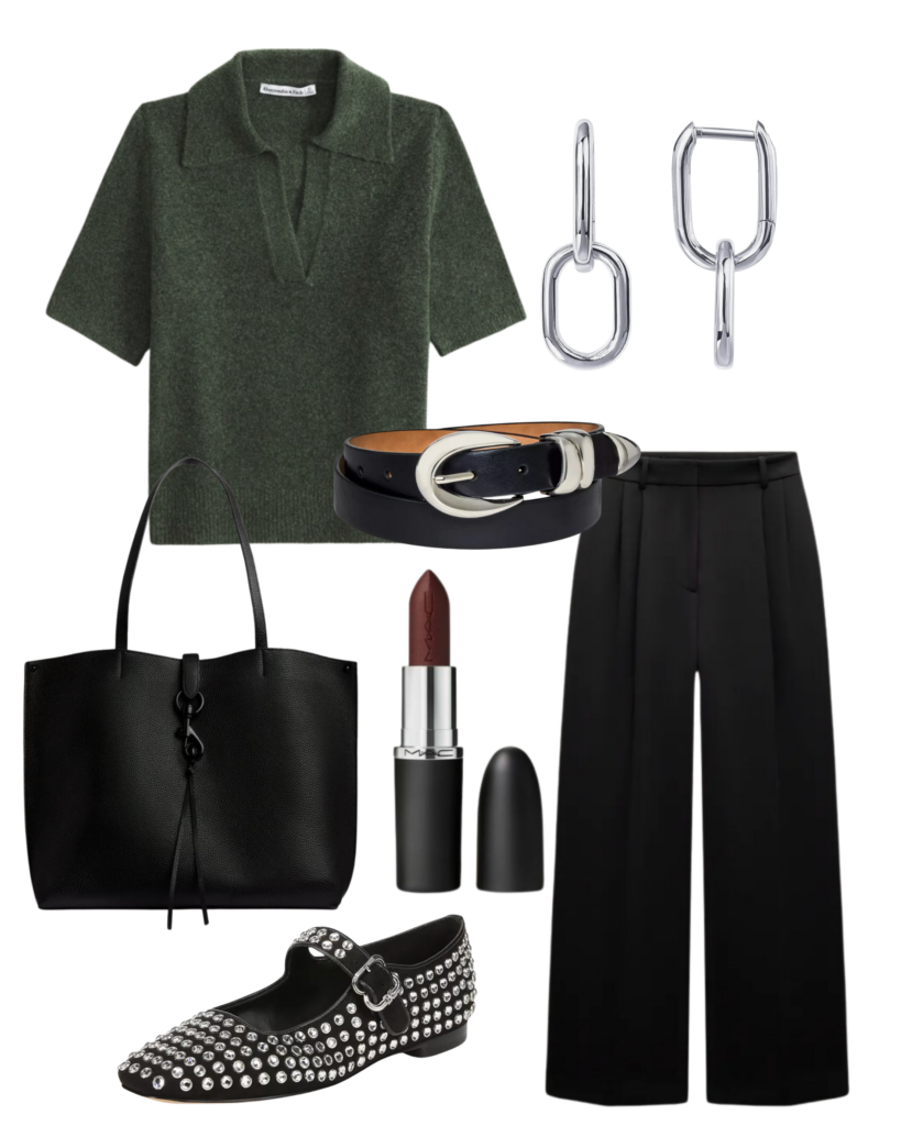 Cut out images of clothing pieces to create an example outfit including a dark-green polo sweater, black slacks, a large black leather purse, a black belt with silver accents, "Mary Jane" flats with silver studs, maroon lipstick and silver chain link earrings